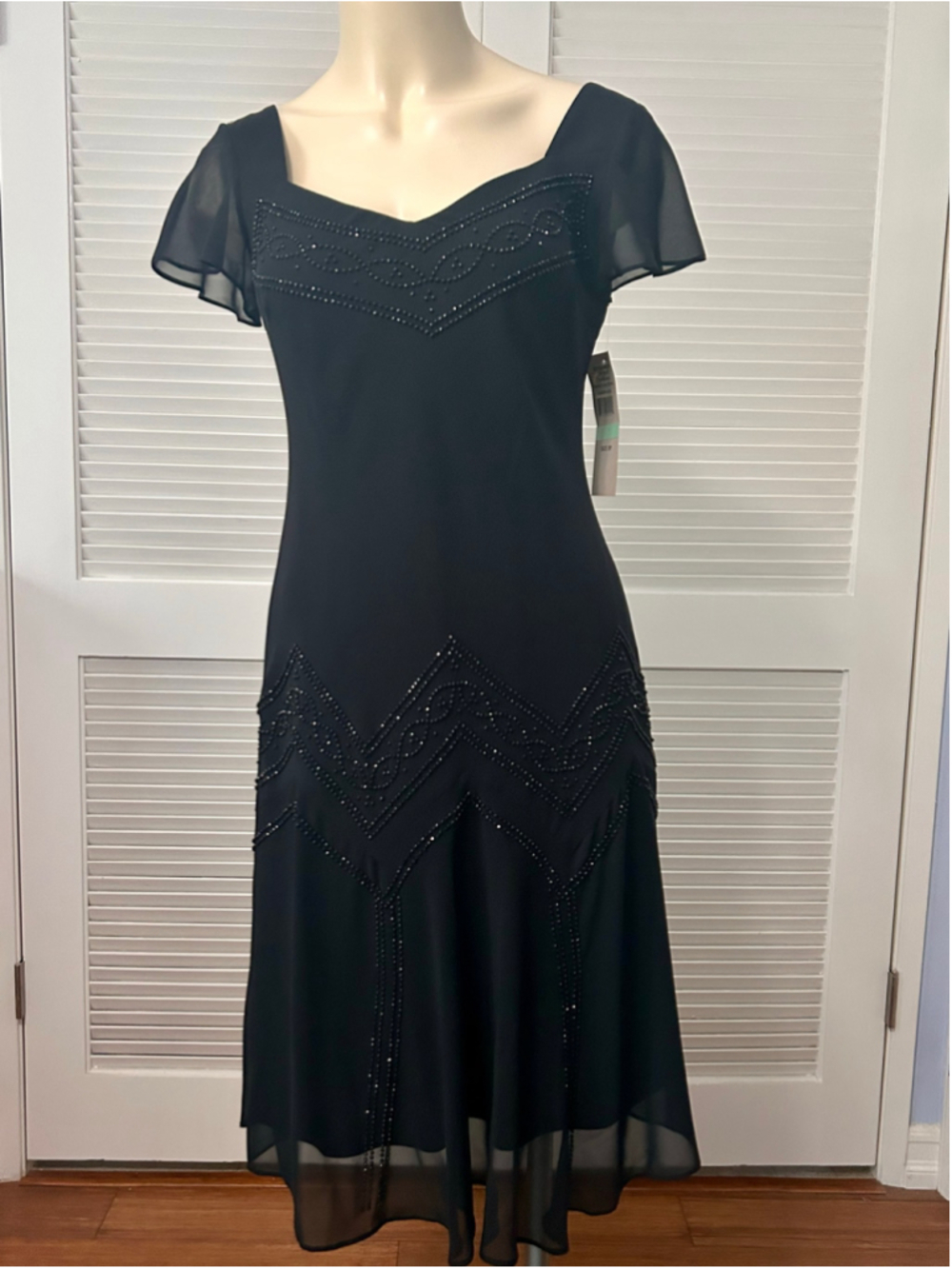 Vintage S.L. Fashions Black Beaded Y2K Art Deco Flapper Dress 8P